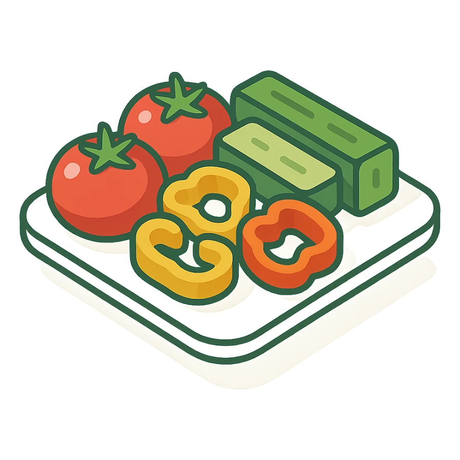 a plate with assorted vegetables including tomatoes cucumbers and bell peppers in 2D isometric illustration style sticker