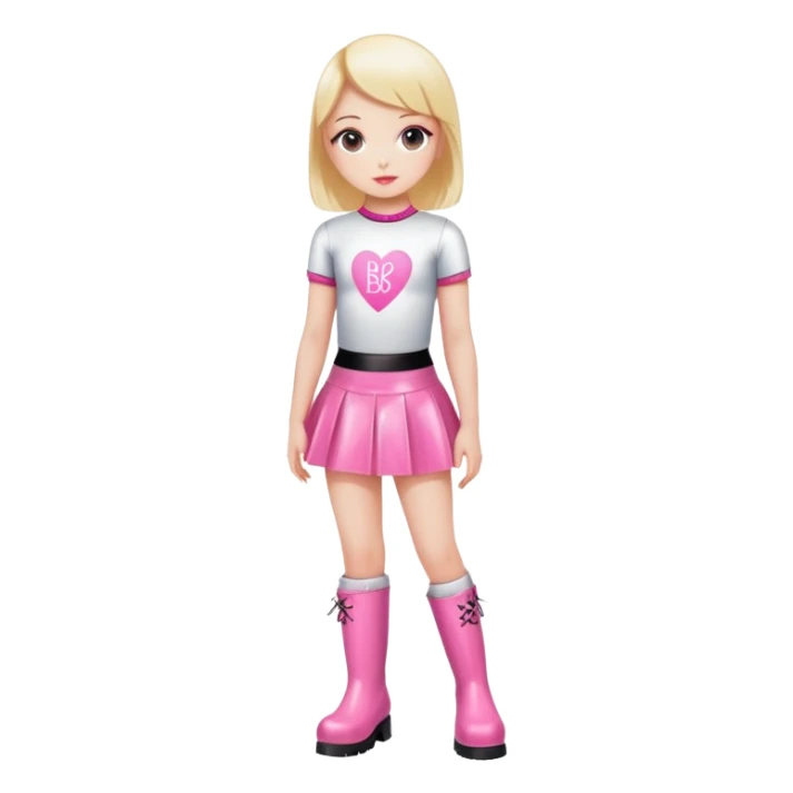 Mini latex skirt and boots and short top with pink inscription “Baby  🕳️” sticker