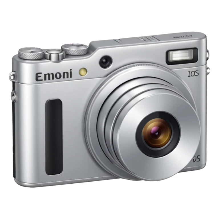 compact fully silver digital camera with a circular extended lens, metallic finish, small built-in flash and minimal buttons. from a slight 45 degreee angle facing the left sticker