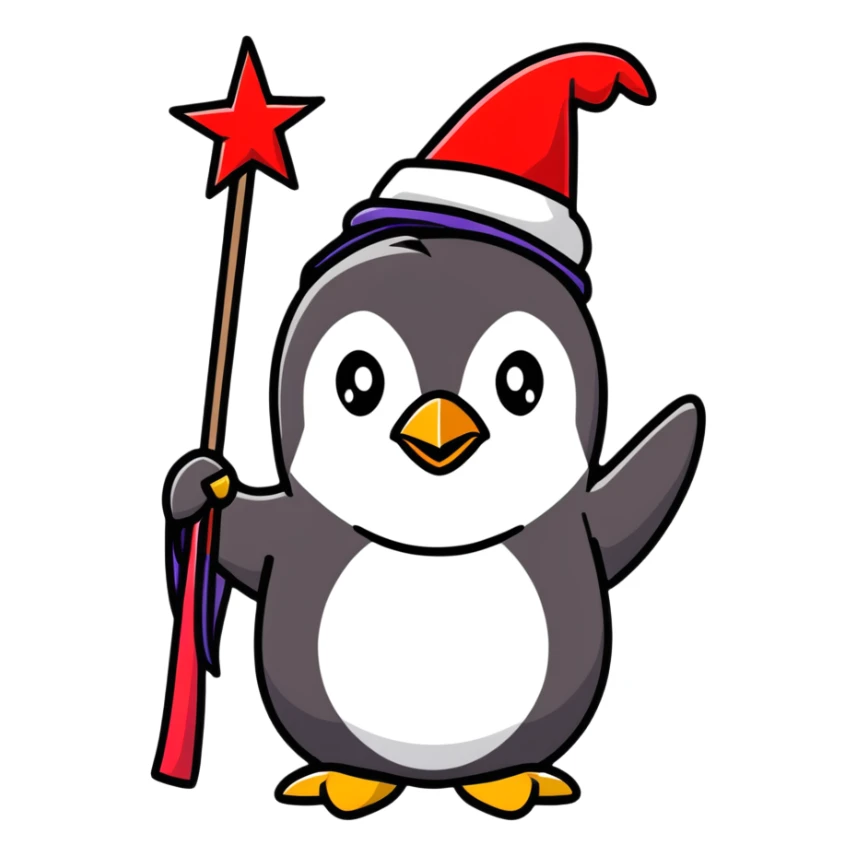 Penguin wizard with Russian beard, star-covered hat, and red magical staff sticker
