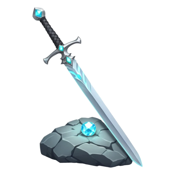 Shining silver sword with jeweled hilt, stuck in a stone, glowing aura.  sticker