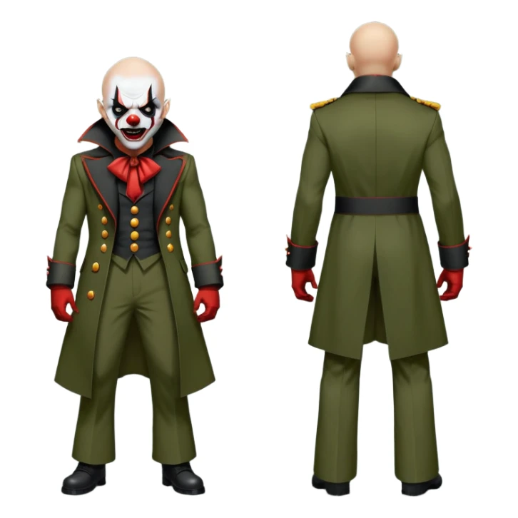 evil clown, bald, small black satan horns on forehead, fangs, pointed ears, eye patch over one eye, long coat over black and military green leisure suit with bellbottom pants, realistically proportioned, less bulky, full body, battle-ready fighting posture sticker