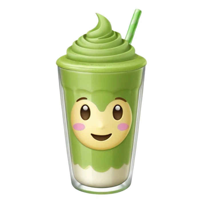 Emoji glossy 3D de un vaso de matcha latte, vaso de vidrio transparente con matcha espumoso verde pastel, capas suaves de leche y matcha, brillo intenso tipo sticker, sombras delicadas, fondo transparente, estilo cute moderno, alta calidad sticker