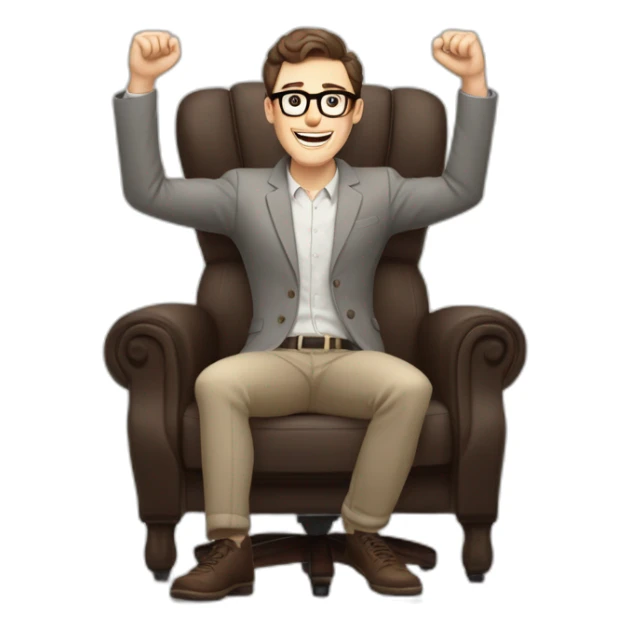 Joyful Celebrating victory Hands up Pale skinned Fit Man With dark brown hair in gray jacket, beige office shirt, Brown pants and vintage glasses sitting In a soft chair sticker