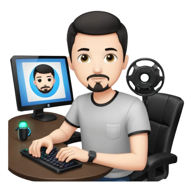 a setup of a youtuber, white skin, thin goatee, black short hair, with a desktop pc on a table, a gaming chair, microphone, white ring light sticker