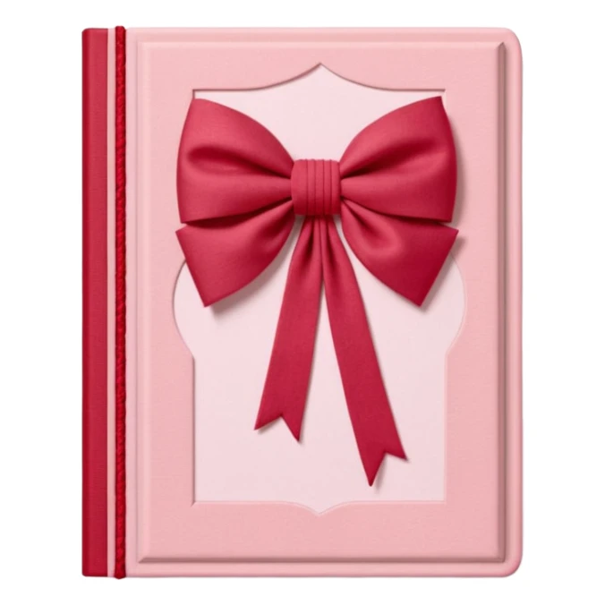 Junk journaling aesthetic book cover, tactile fabric textures, classic framing
Red yarn bow as focal point, soft shadows, calm pastel pink backdrop
Elegant, cozy, artistic, high-end print design sticker