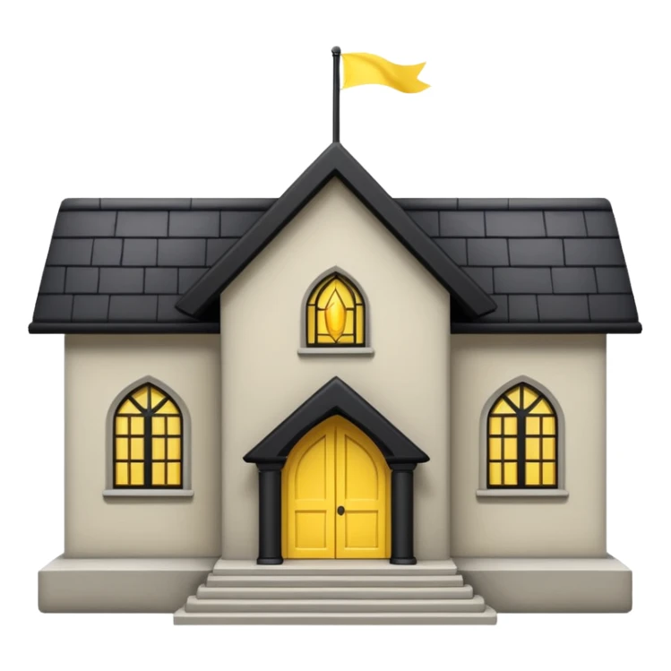 simple magic school, low detail, white background, magic school, black roof, with a big flag, big flag on a roof, big yellow flag, white school sticker