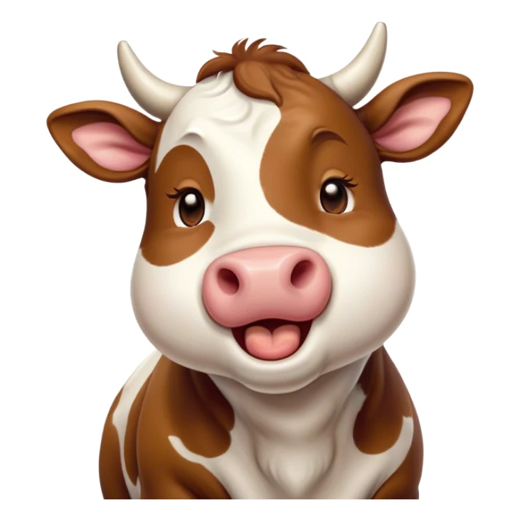 Cinematic Cute Yawning Brown and White Cow Portrait Emoji, Head tilted slightly with a dramatic, wide-open yawn, showcasing a smooth, patterned hide of brown and white, floppy ears slightly drooping, round brown eyes barely open in drowsy contentment, Simplified yet irresistibly adorable features, highly detailed, glowing with a soft, cozy glow, high shine, relaxed yet expressive, stylized with a touch of pastoral whimsy, bright and endearing, soft glowing outline, capturing the essence of a sleepy yet affectionate cow, so drowsy it feels like it could amble out of the screen and curl up for a nap! sticker