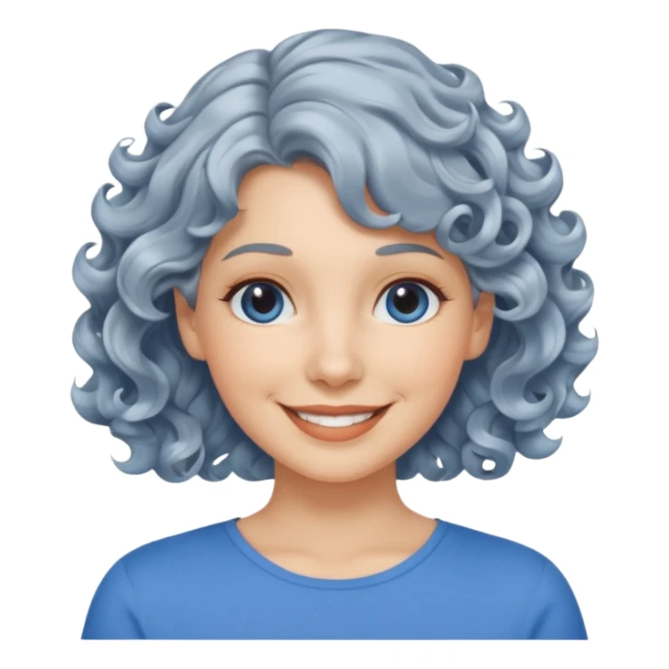 silver, short, wavy-haired with curls, smiling pretty lady, blue top,

 sticker