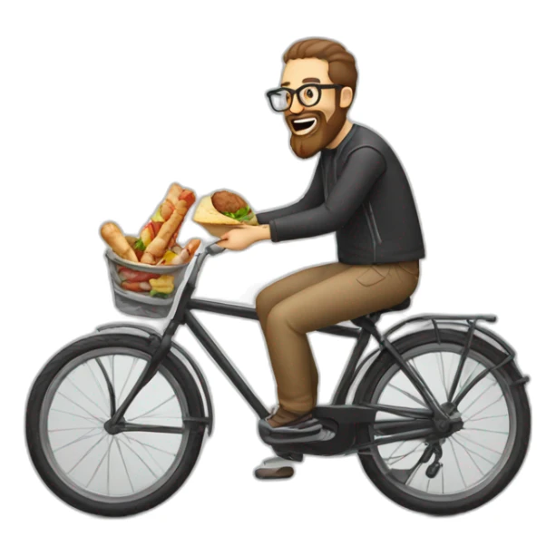 a man with a beard and glasses on a bicyble eating a kebab sticker