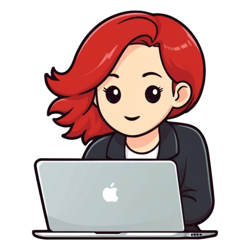 white-skinned red-haired woman using a MacBook, cartoon sticker style sticker