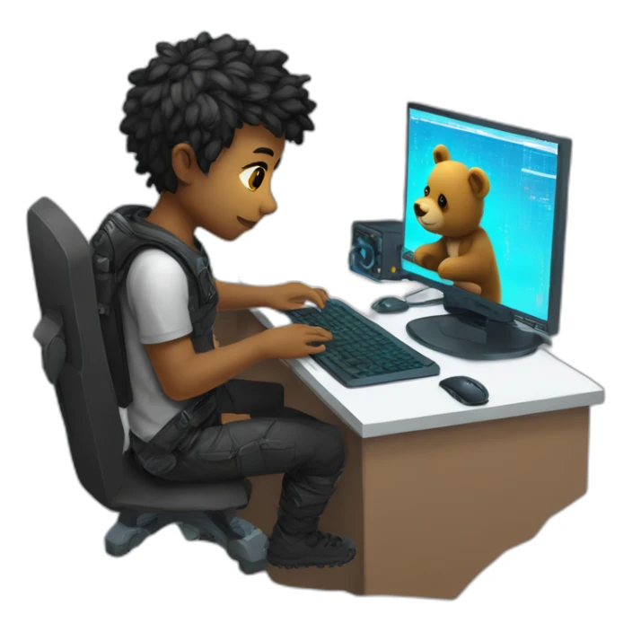 a male name teddy is doing coding at his cyberpunk room, there is a code at his monitor and there is a teddy bear sticker