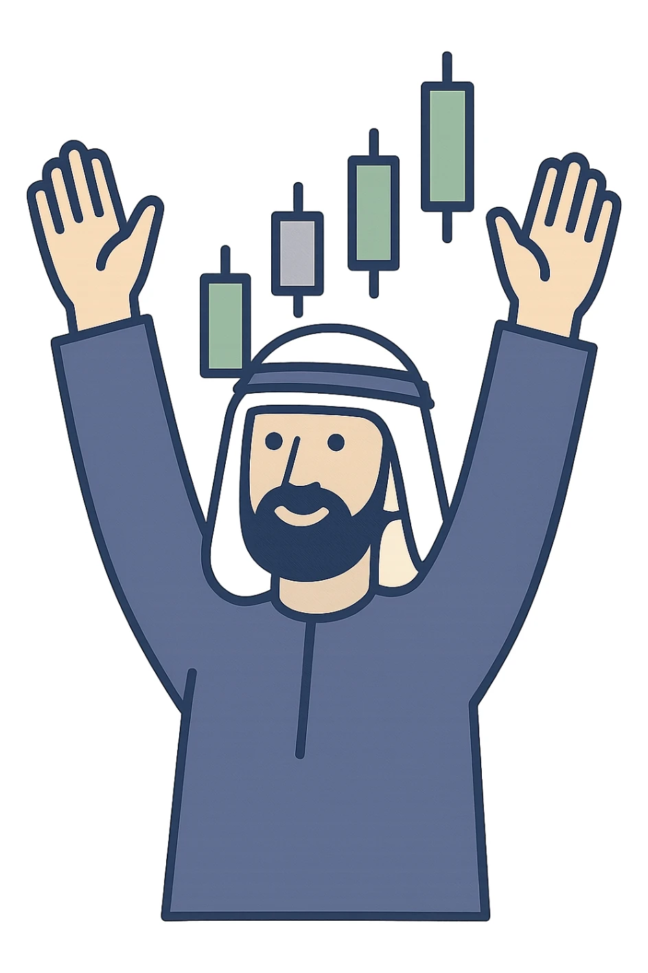 Arab trader raising hands in profit with green candles, flat modern style, Middle Eastern trading theme sticker