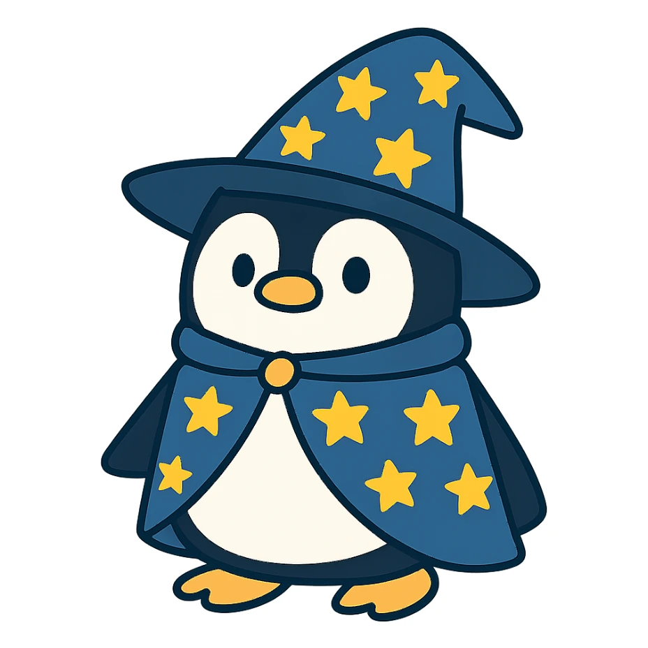 flat toon style penguin wizard with a starry hat and cape sticker