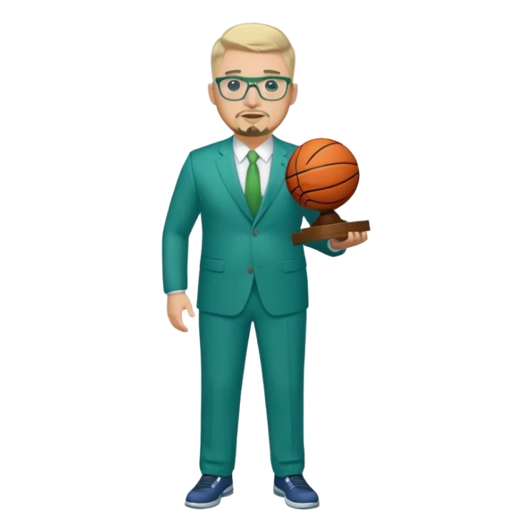 Full Body white male plus size wearing glasses with a goatee with light blonde and gray very short hair basketball head Coach in blue and green suit holding trophy sticker