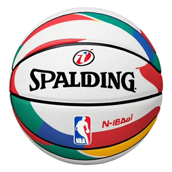 white Spalding basketball with NBA logo, featuring colorful lines on the surface sticker