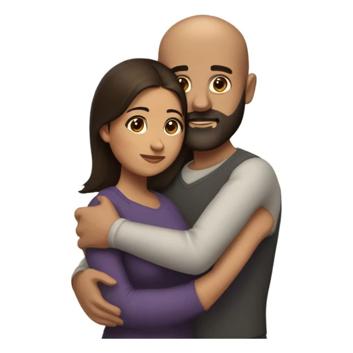 Comforting hug from brunette Puerto Rican with dark brown eyes to short, bald man with brown eyes and a beard sticker