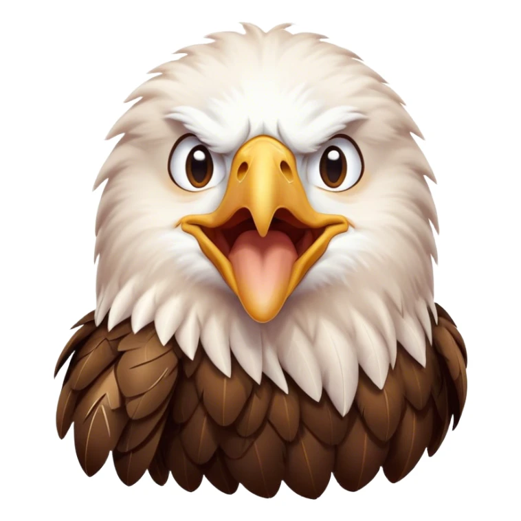 Cinematic Cute Yawning American Eagle Portrait Emoji, Head tilted slightly with a dramatic, wide-open yawn, showcasing a stately form with gently drooping feathers and sleepy, half-closed eyes, Simplified yet irresistibly adorable features, highly detailed, glowing with a soft, cozy majestic glow, high shine, relaxed yet expressive, stylized with a dash of whimsical aerial charm, soft glowing outline, capturing the essence of a drowsy yet affectionate American eagle that appears ready to stretch out for a nap! sticker