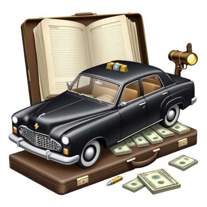 Icon for Action & Crime Reading: an open book with dramatic crime scenes—bullet holes on pages, a detective badge, a revolver, and a getaway car. Surrounding elements include a briefcase with cash and a flickering streetlight. Transparent background. sticker