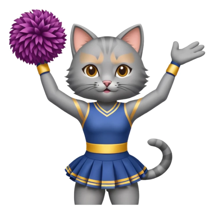 A sleek grey cat cheerleader twirling pom-poms with confident energy. sticker