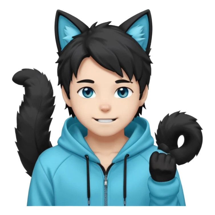 A fluffy anime-style male character with black fur, cat ears, a long fluffy tail, and sharp blue eyes. He wears a light cyan hoodie that says 'Imagine and go with the flow' and matching sweatpants. He has sharp fangs that show when he smiles, giving him a playful but mysterious vibe. sticker