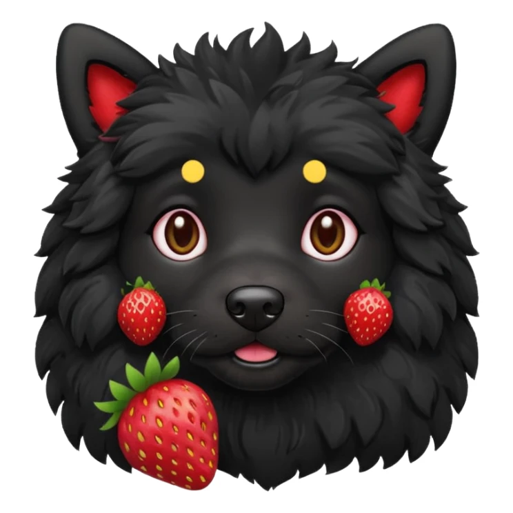 A black fluffy dog with a strawberry sticker