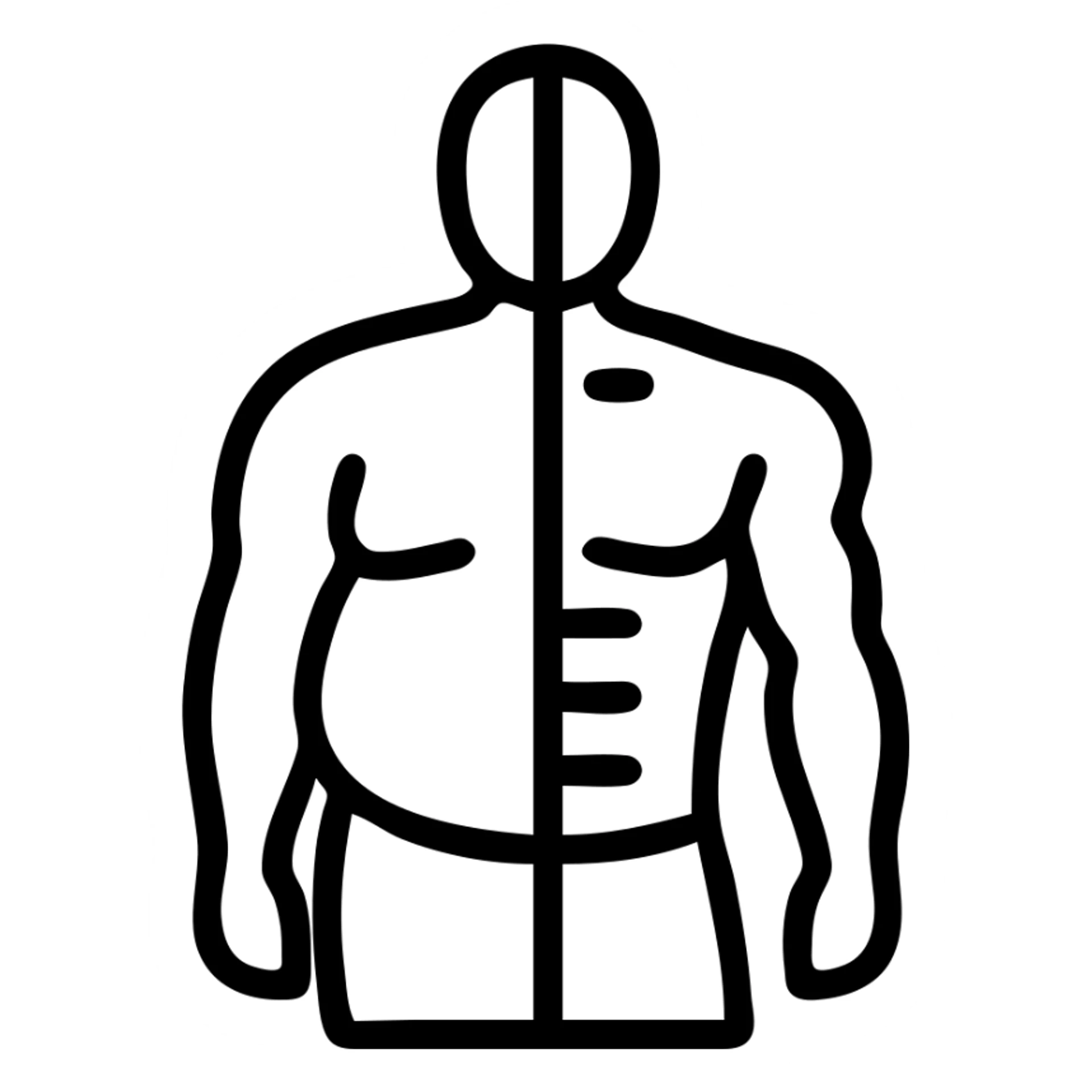 single icon with vertical split: left side bulky soft body, right side lean muscular defined body, clear difference in muscle definition and body shape sticker