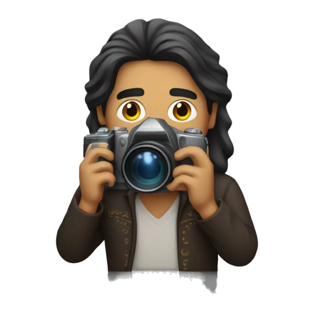 Mexican man with long hair, holding a professional camera  sticker