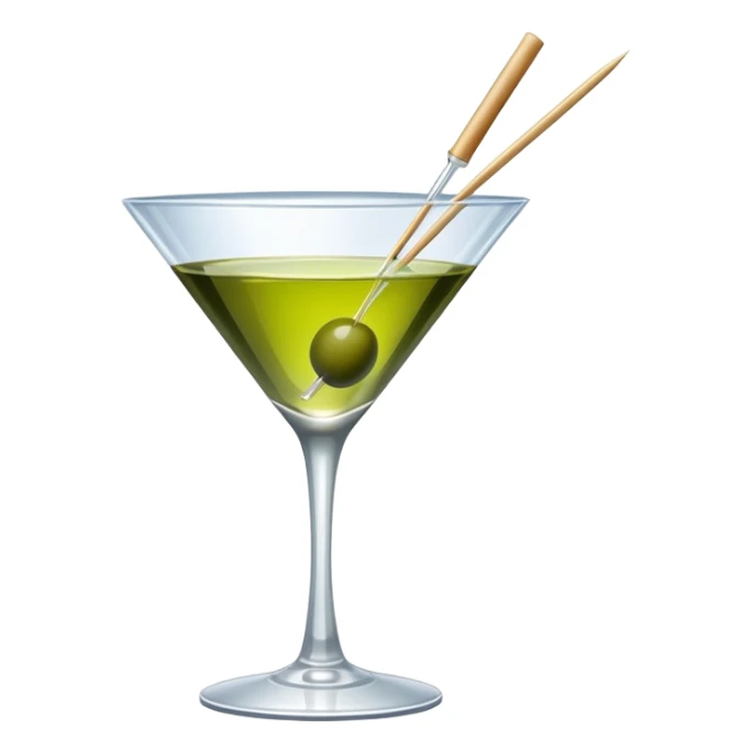 martini glass with clear liquid and an olive at the bottom skewered by a toothpick sticker