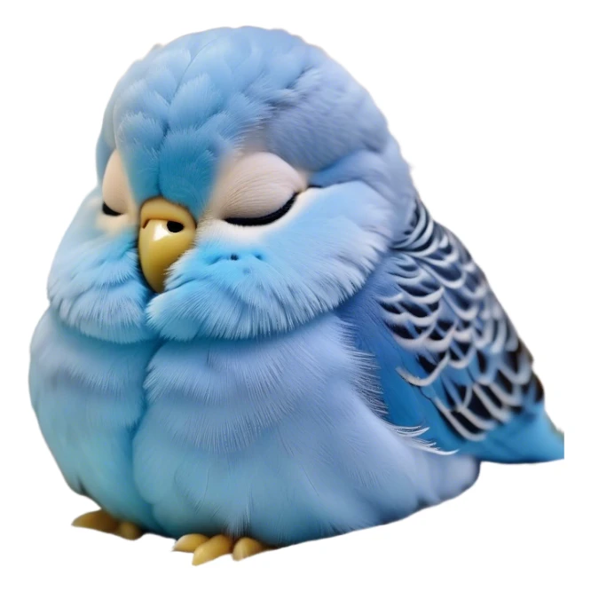 Meme-Worthy Cute Sleeping Blue Budgie Portrait Emoji, Head resting peacefully with a contented smile, showcasing a petite, delicate build and a luxuriously soft blue feathered fur, eyes shut in a serene nap, Simplified yet hilariously adorable features, highly detailed, glowing with a soft, drowsy light, high shine, relaxed and utterly lovable, stylized with an air of playful laziness, bright and heartwarming, soft glowing outline, capturing the essence of a comically sleepy budgie, so meme-worthy it feels like it could instantly become the next viral sensation of adorable slumber! sticker