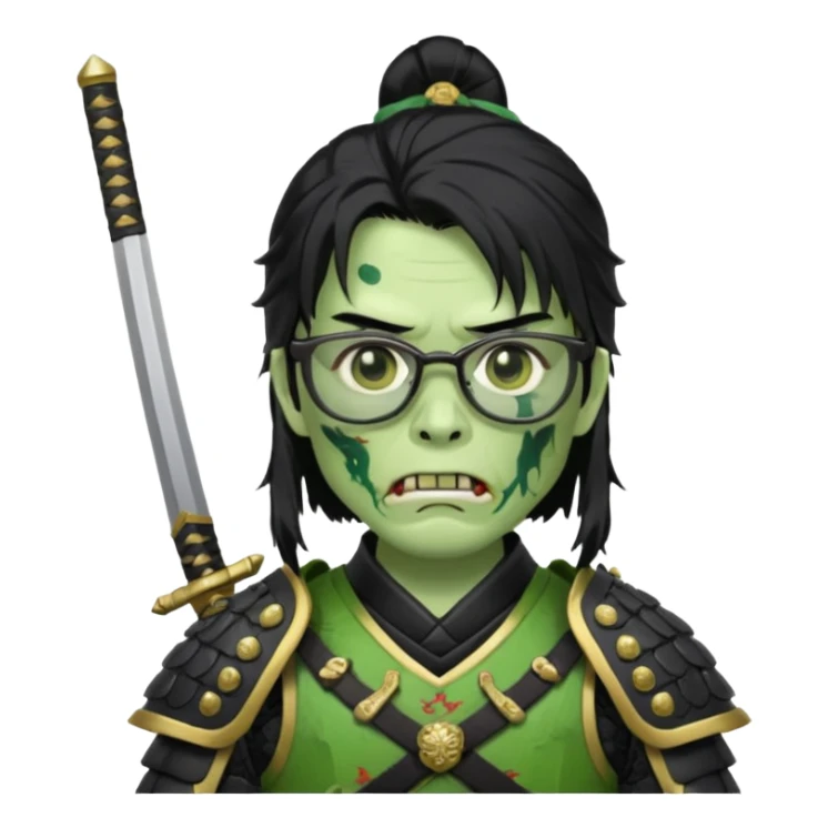green zombie long hair samurai with glasses  sticker
