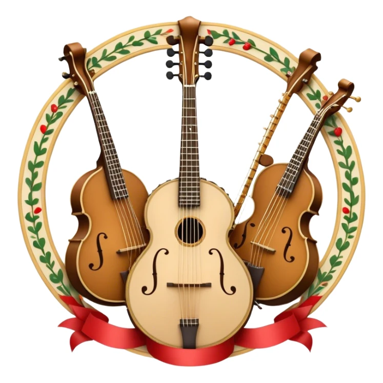 Design a sophisticated and festive emblem-like emoji representing plucked and stringed instruments. The layout should resemble a heraldic crest, featuring iconic instruments like a banjo, mandolin, domra, and sitar, artistically arranged in an elegant and symmetrical way. The necks of the instruments should be intertwined with a flowing ribbon of musical notes, winding around the strings and fretboards. The design should be detailed, showcasing the intricate carvings on the instruments, visible strings, and fret markers. Use a rich color palette with deep golds, browns, and vibrant accents to evoke a sense of luxury and celebration. The musical notes should appear to float around the instruments, connecting them in a graceful, dynamic way. Include ornate flourishes or decorative elements like laurels, swirls, or subtle engravings to give the image a professional, emblematic appearance. The background should be transparent. sticker