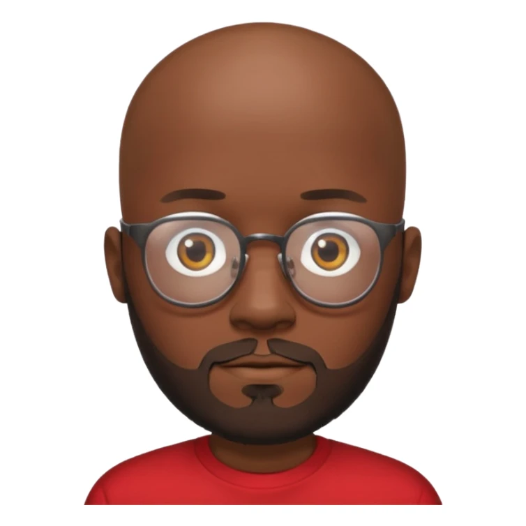 bearded black bald man with eyeglasses with red shirt sticker