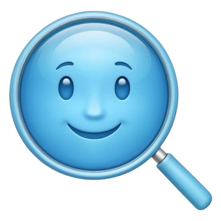 A 3D emoji-style magnifying glass, smooth rounded shapes, soft gradient blue ring, glossy plastic material, subtle highlights and reflections, simple minimal design, pastel blue color, slightly thick proportions, soft lighting, clean white background, modern emoji aesthetic, centered composition sticker
