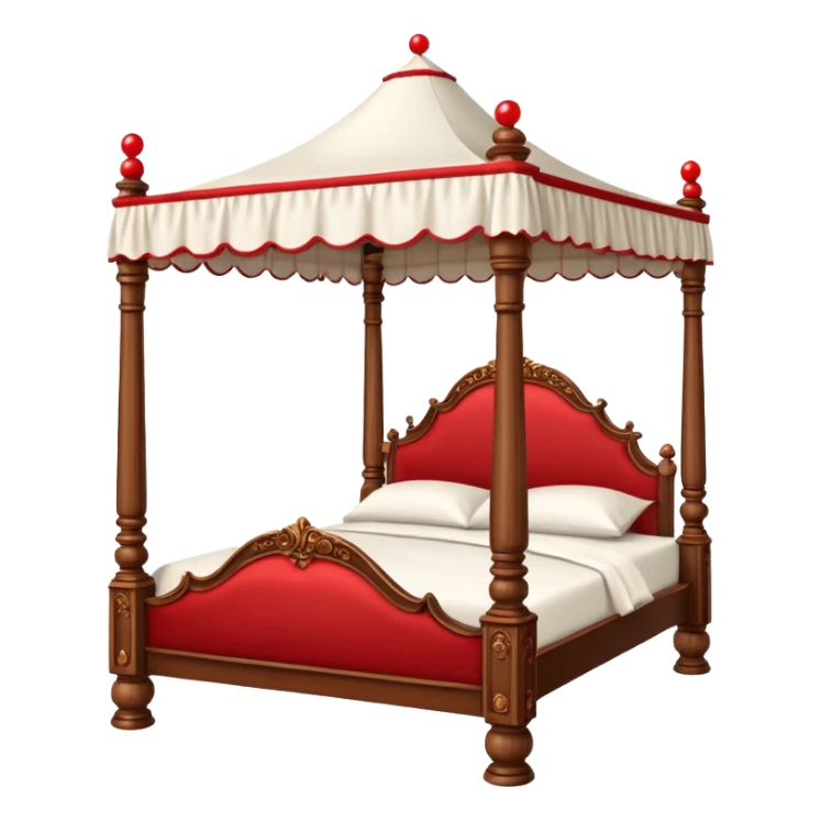 Wooden four poster bed with canopy handing small red balls on edge  sticker