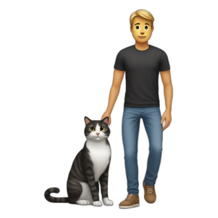 man holding mobile and cat is near to leg sticker