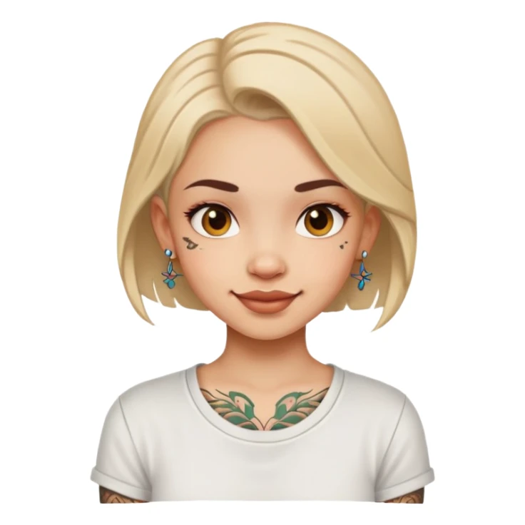 girl with small face tattoos, cheerful expression, wearing a shirt sticker