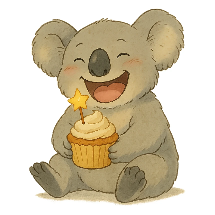 full-body laughing koala holding cupcake with star candle, soft Ghibli style sticker