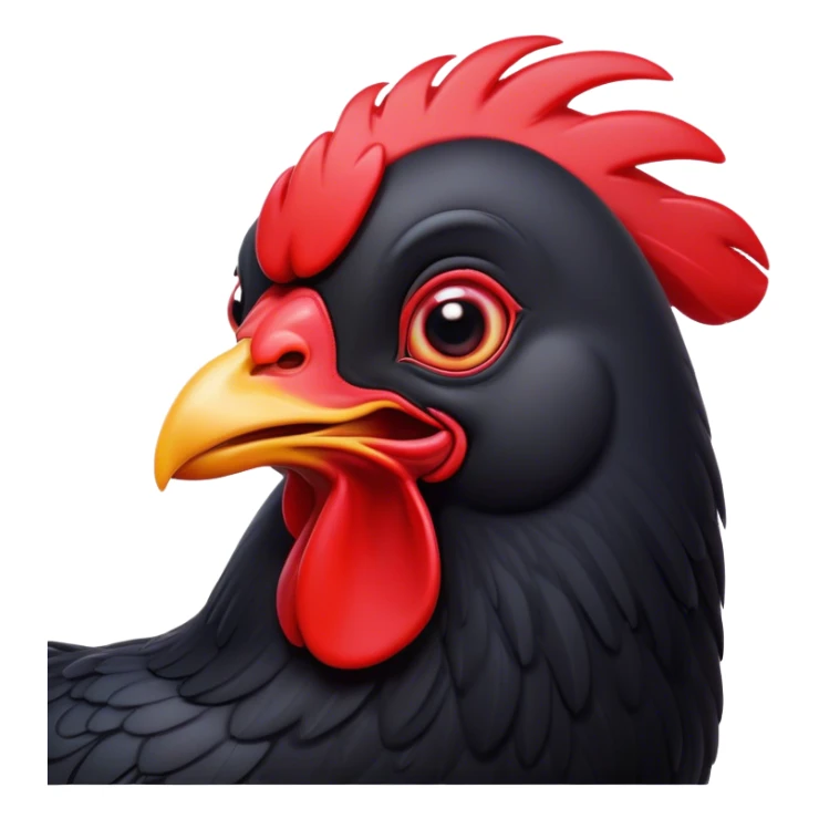 Cinematic Comical Black Chicken Portrait Emoji, Head tilted dramatically with an exaggeratedly amused expression, featuring a sleek, glossy black plumage with a bold red comb, wide, expressive beady eyes filled with playful disbelief, Simplified yet hilariously expressive features, highly detailed, glowing with a slightly sassy glow, high shine, dramatic yet playful, stylized with an air of cheeky mischief, bright and endearing, soft glowing outline, capturing the essence of a spirited and over-the-top chicken, so meme-worthy it feels like it could cluck its way into internet fame instantly! sticker