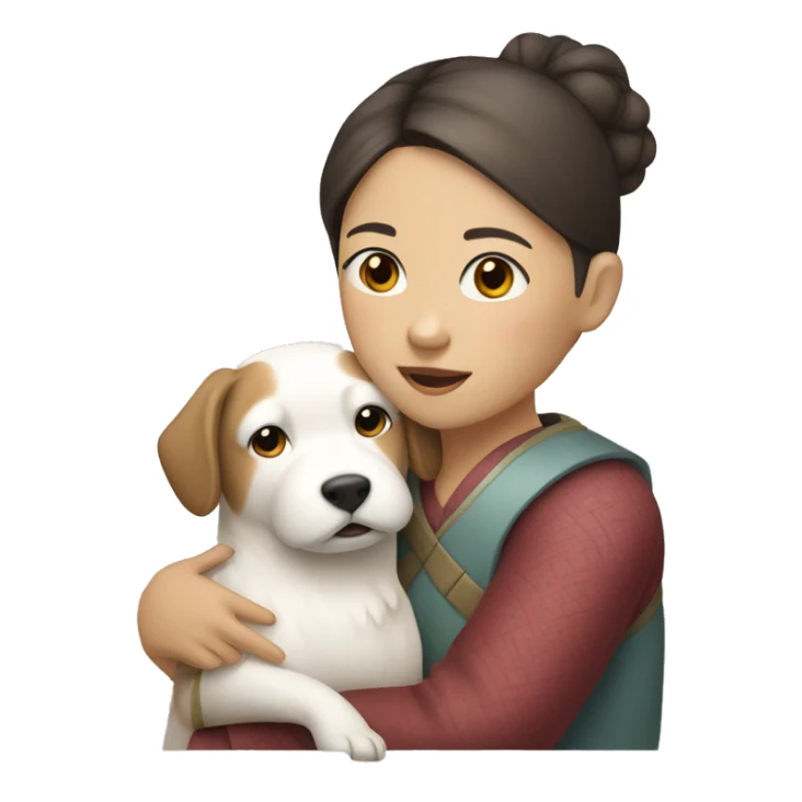 An asian girl whose hair is brown with white highlights hugging a chinese white dog sticker