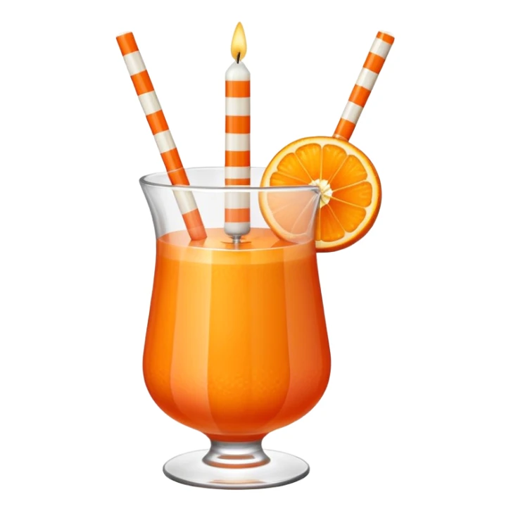 An orange fruit with a horizontal red stripe around the middle. 4 vertical cocktail sticks in the orange with small pieces of candy on the sticks. On top of the orange a small white lit candle. sticker
