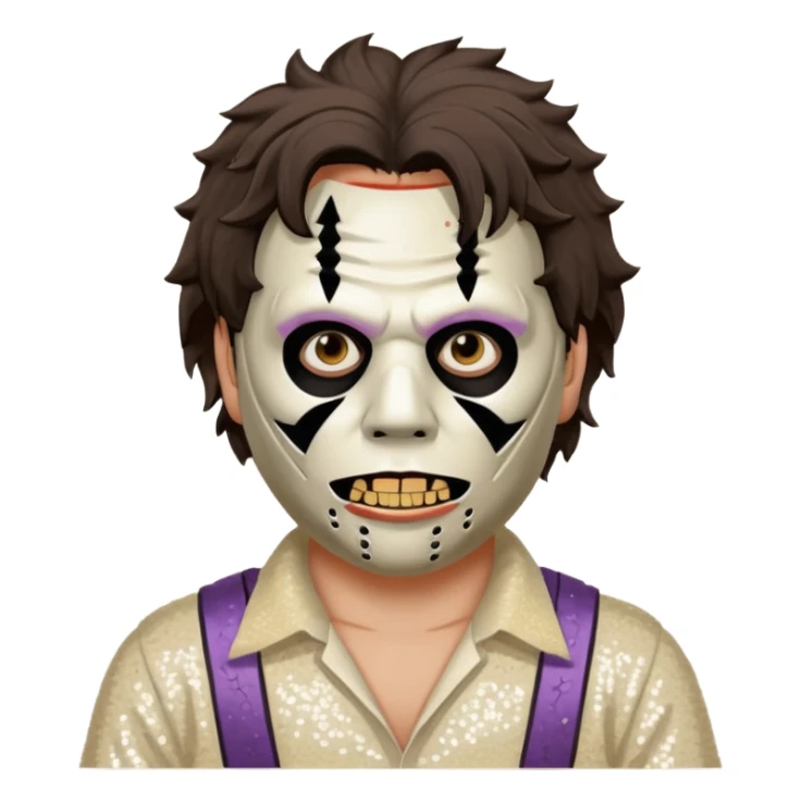 Leatherface with tan mask with dark brown hair, ivory sequin outfit  sticker