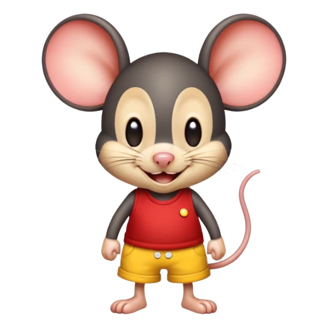 Mouse with big ears red shorts with yellow buttons and a giant smile on its face, black mouse preferably child size with a wink sticker