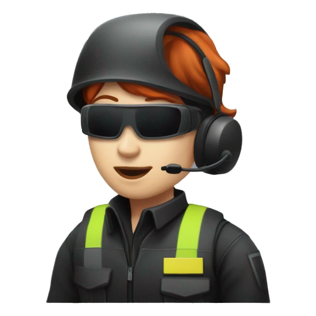 operator dressed in black with a milatary helmet, without glasses, wearing a headset, ready to respond to alerts, preferably red-haired female  sticker