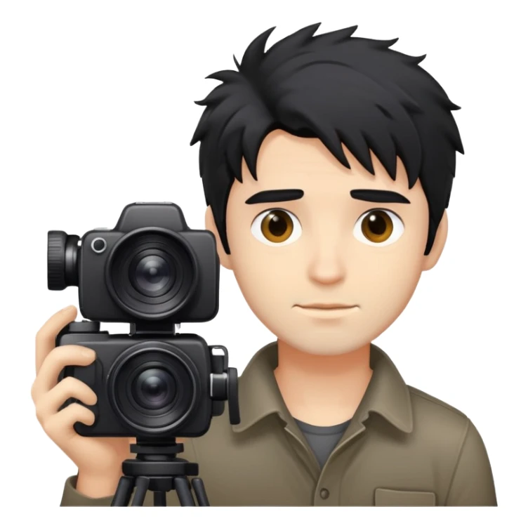 a man with black messy hair with one camera sticker