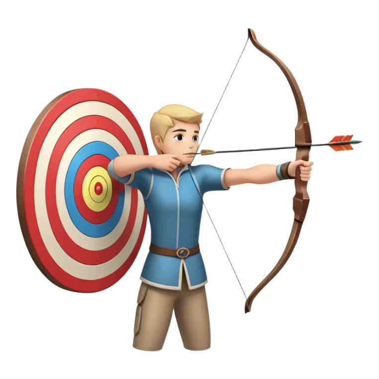 An archer drawing a bow and aiming an arrow at a target, with perfect focus and precision. The target is visible in the background, featuring concentric rings. The scene captures the concentration and skill involved in archery, emphasizing the elegance and accuracy of the sport. sticker