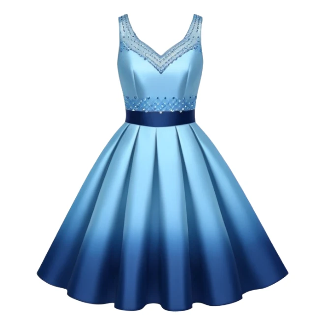 Realistic isolated mini slim pastel blue formal party satin dress with gradient shiny sparkling navy blue diamonds embroidered on it. sticker
