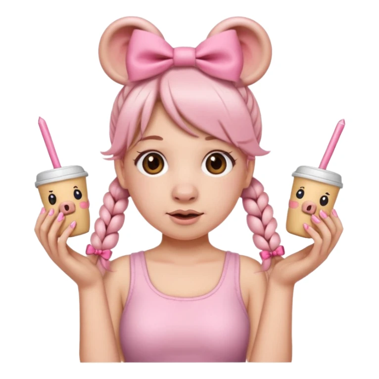 Emoji with long nails, stanly cup, two pig tail hairstyle with pink bows in both pig tails sticker