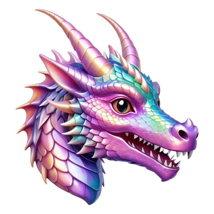 Realistic Sparkly glossy Pastel iridescent glass dragon head profile, 2 horns sticker