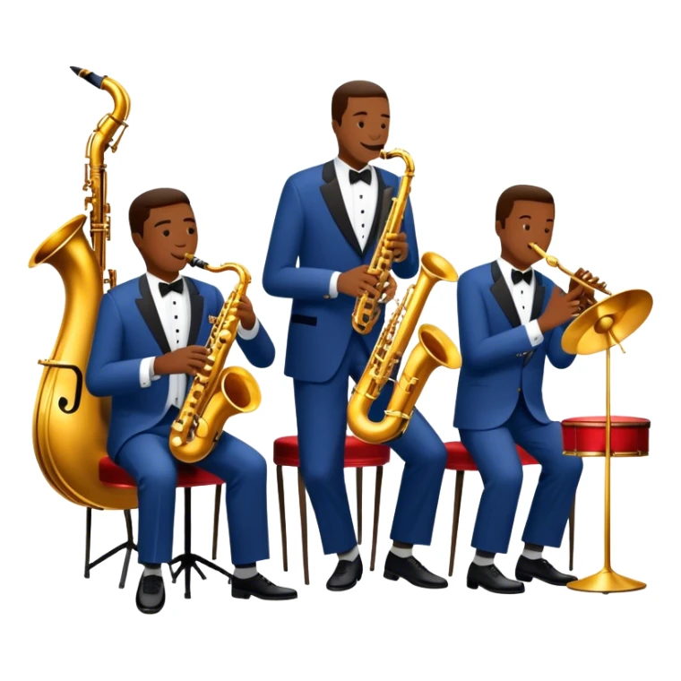 Icon for Jazz Music: The Jazz Messengers, featuring a dynamic composition with Art Blakey on drums and musicians playing saxophone, trumpet, and piano. Musical notes and a warm jazz club atmosphere emphasize the vibrant hard bop style. Transparent background. sticker